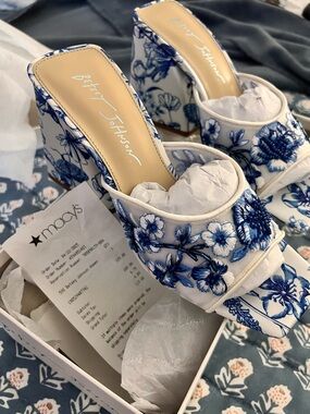 Betsey Johnson White and Blue Floral Embroidered Block Heel Mules